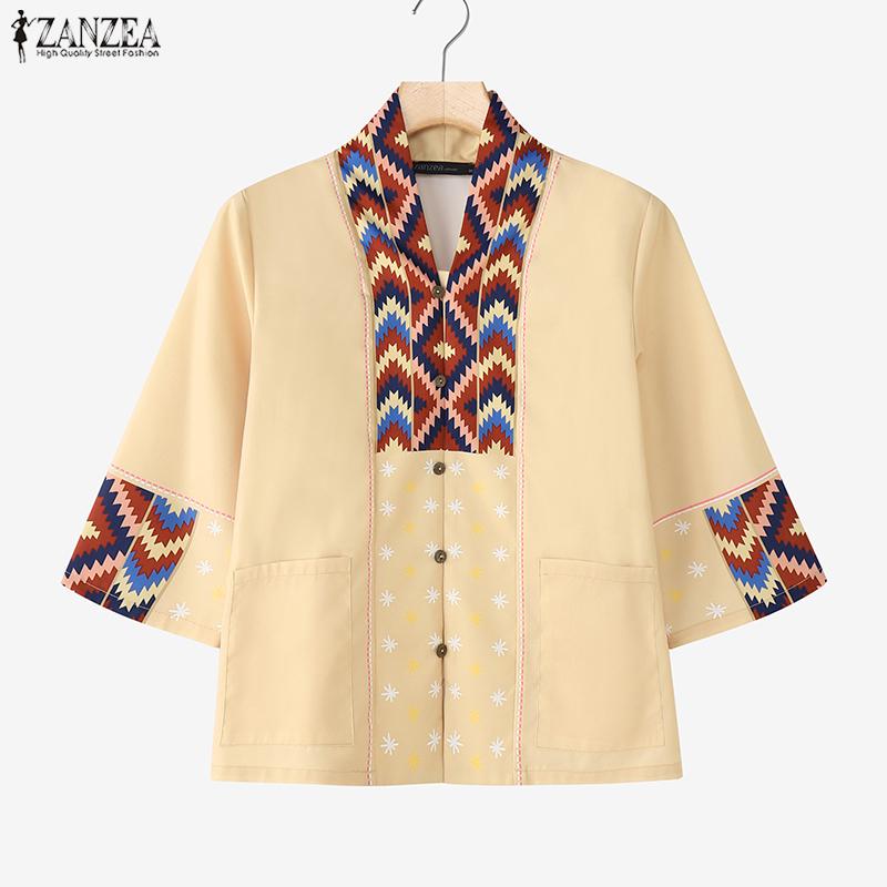 ZANZEA Women Ethnic Print Casual V-Neck 3/4 Sleeve Loose Blouse