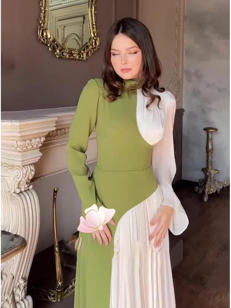 2024 Autumn/Winter Women's European Retro Color Block Slimming Long Sleeve Evening Dress
