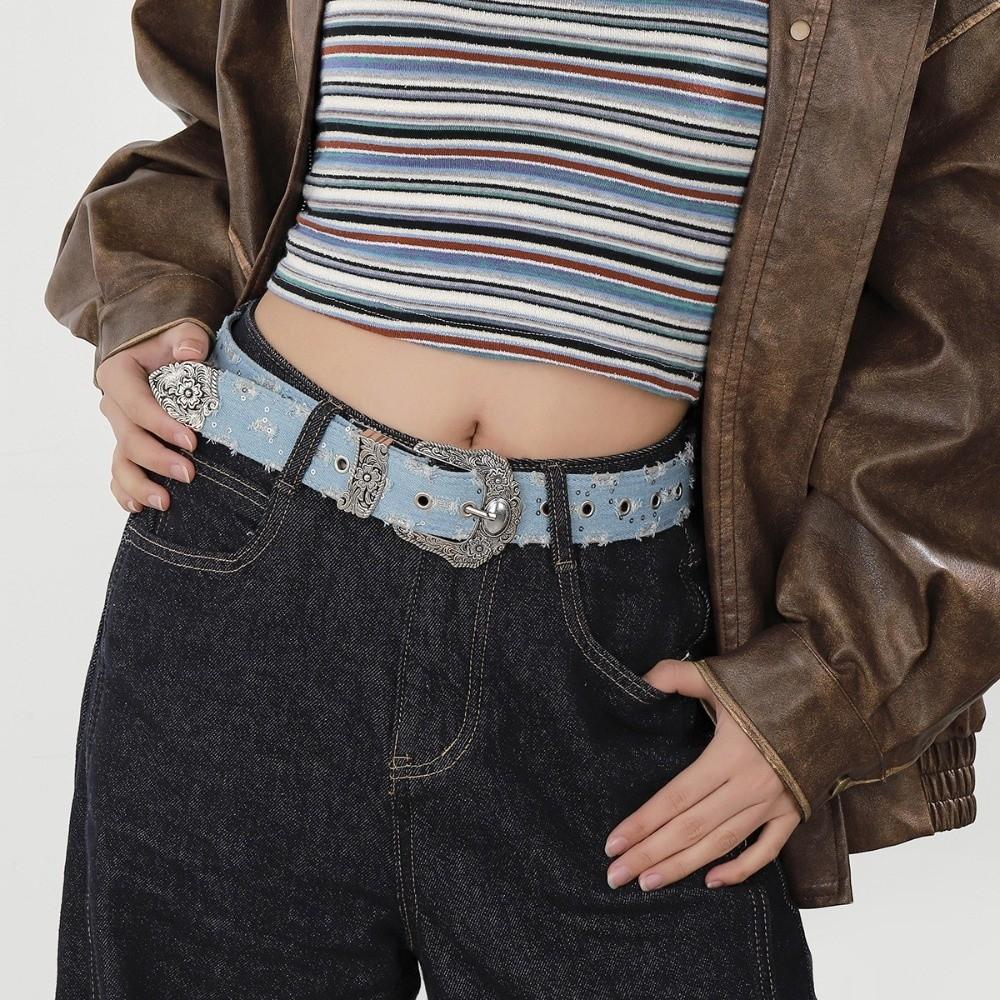 Korean Style Sequin Belt Harajuku Denim Wide Belt Retro Metal Buckle Belt Women