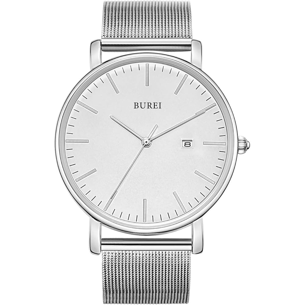 BUREI Men s Analog Quartz Watch Waterproof Date Silver Milanese Mesh Strap Business Style
