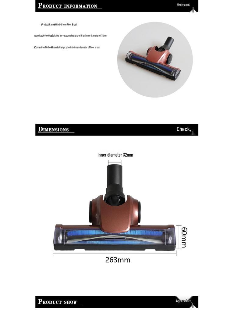 Pneumatic Floor Brush Head for Vacuum Cleaners - 32mm Inner Diameter