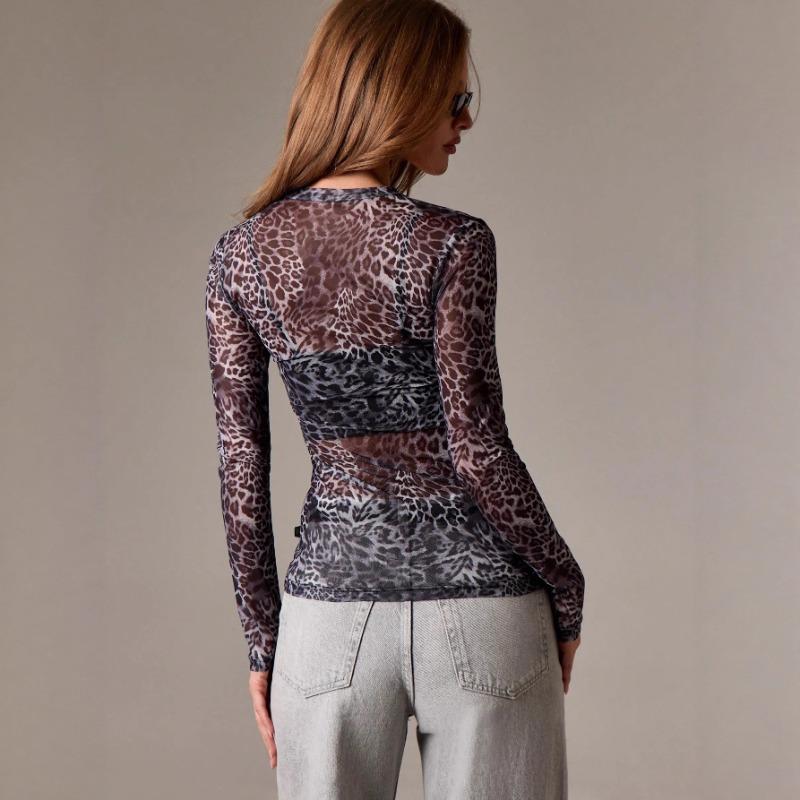 2025 Autumn and Winter New Fashion Round Neck Leopard Print T-shirt Casual and Versatile Women's Clothing