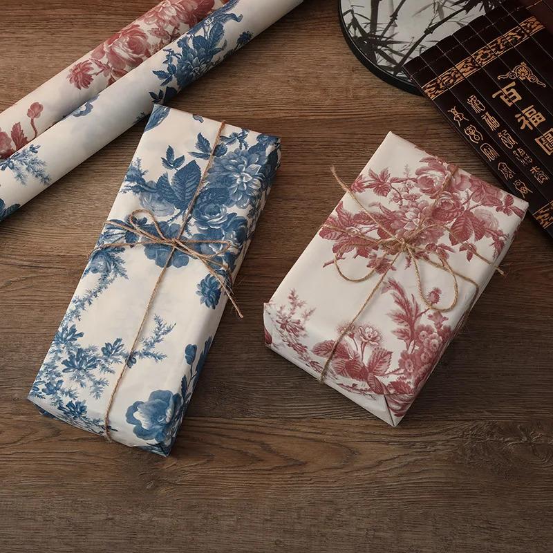 76x50 cm/5 pieces Chinese style blue and white peony painting print flower wrapping paper Classic art Vintage paper