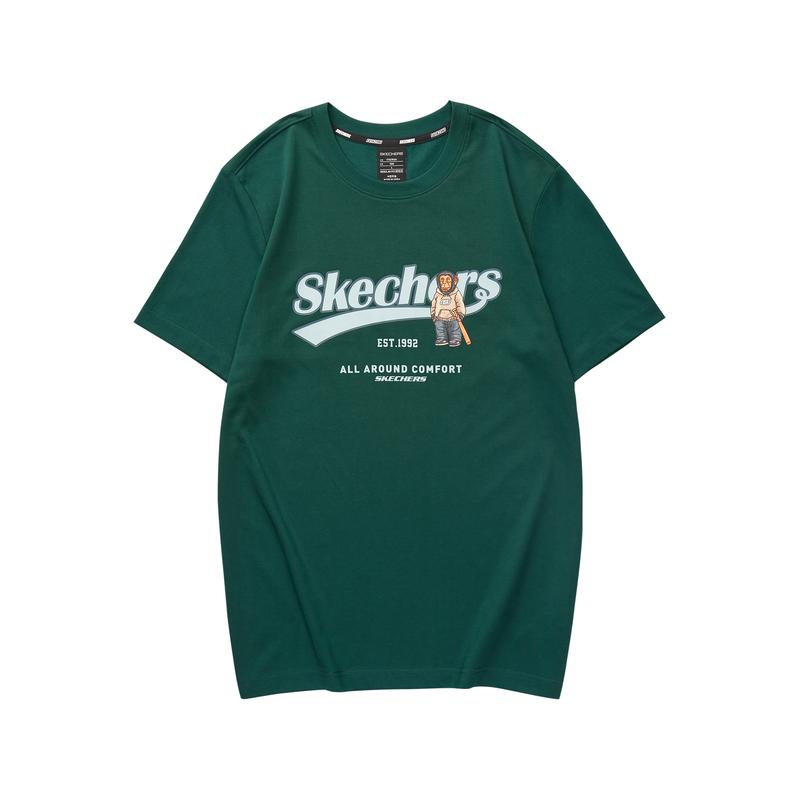 Skechers Laughing Monster Series Logo Print Knitted Crew Neck Short Sleeve T-Shirt Men T-Shirts Yellow Pine-Green L322M003-02A2 XL