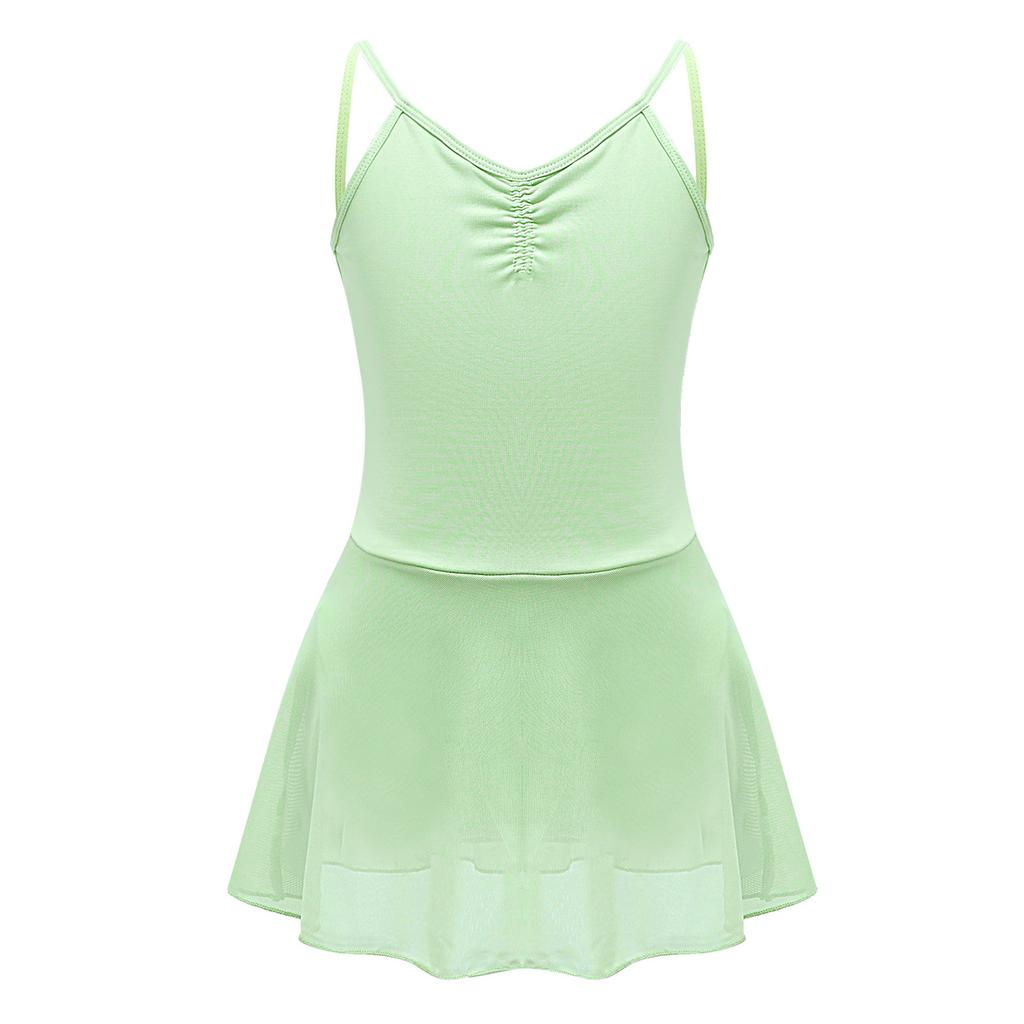 Girls Ballet Dance Dress Ruched Backless V Neck Suspenders Solid Color Exam Costume
