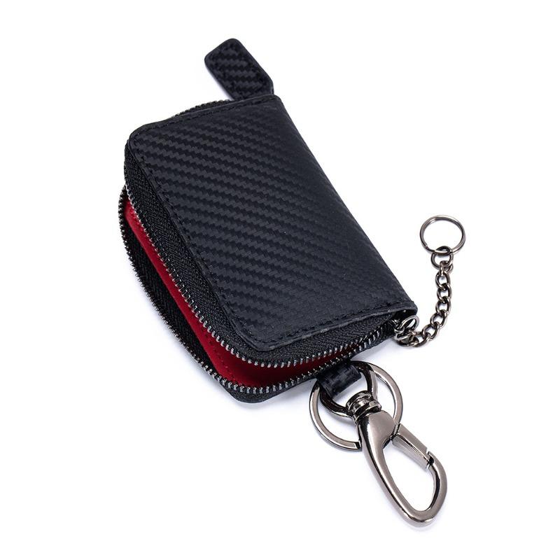 

New leather men s carbon fiber cowhide key bag portable waist hanging zipper multi-functional dual-purpose car key bag