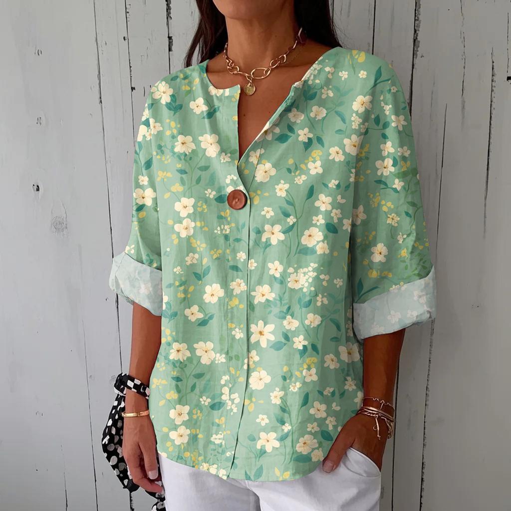 Women's Fashionable Casual V-neck Button Seven Quarter Sleeve Printed Cotton And Linen Top