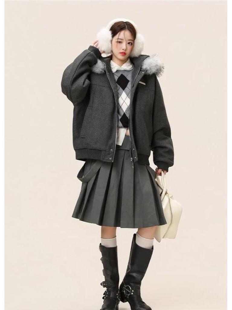 Men's Winter Wool Coat with Large Fur Collar - Mountain Eagle Hooded Heavyweight Jacket