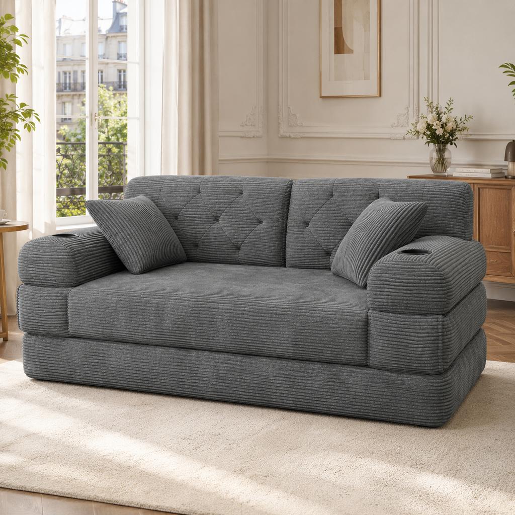 2-Sitzer Schlafsofa, Cord, Hohe Rückenlehne, Metallrahmen, Schaumstoff mit hoher Dichte, 2 Getränkehalter, 4 Seitentaschen, für Wohnzimmer und kleine Räume, Dunkelgrau