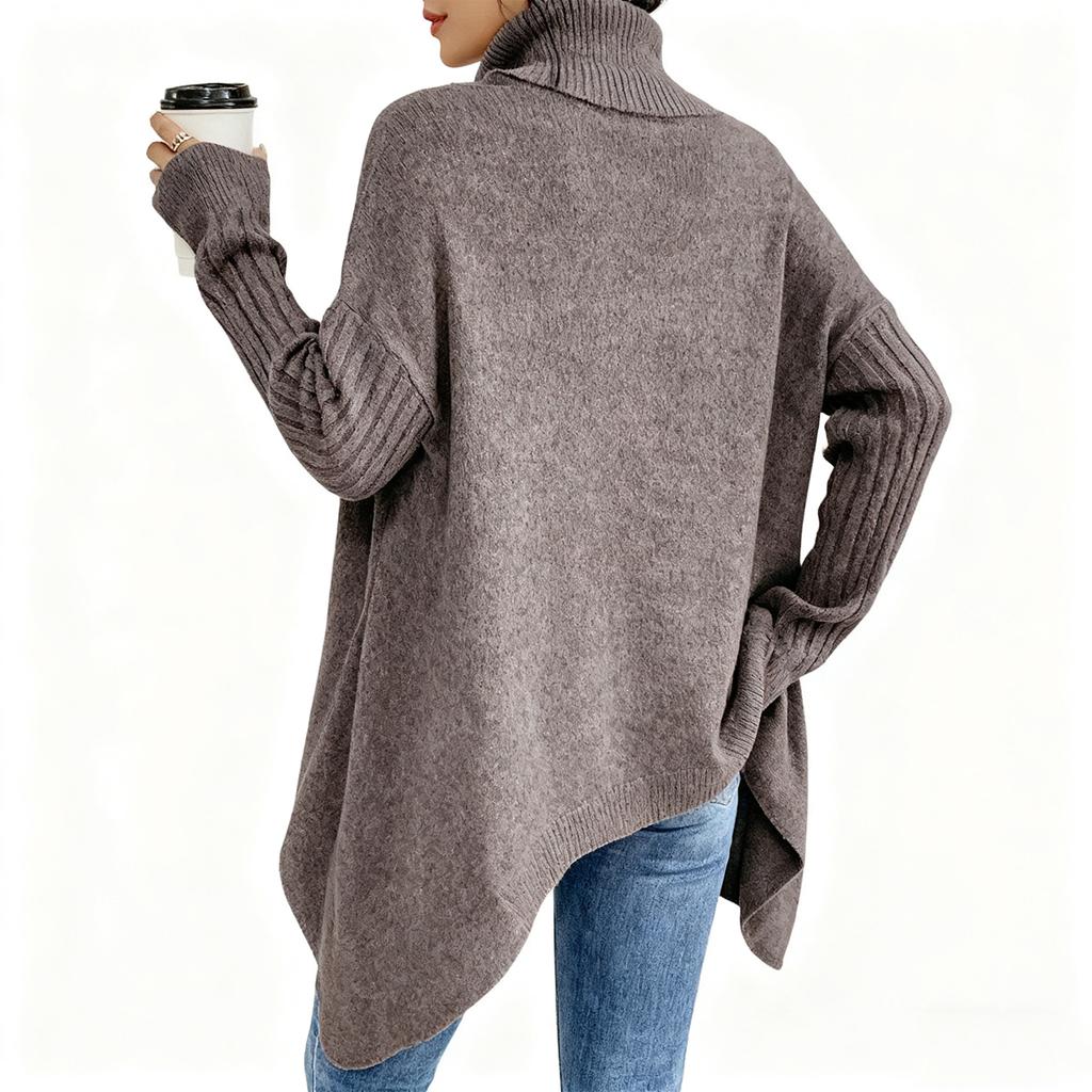 Damski Wygodny Luźny Modny Sweter Casualowy z Opuszczonymi Ramionami z Wysokim Dekoltem z Grubej Dzianiny