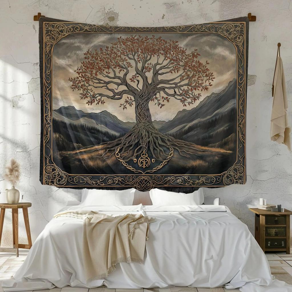 Tree of Life Tapestry Yggdrasil Celtic Knot Wall Hanging Peach Skin Fabric Vintage Mountain Nature Home Decor for Bedroom Dorm