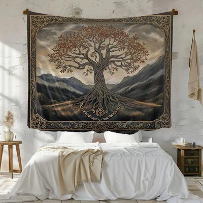 Lebensbaum Wandteppich Yggdrasil Keltische Knoten Wandbehang Pfirsichhaut Stoff Vintage Berg Natur Heimdekoration für Schlafzimmer Wohnheim