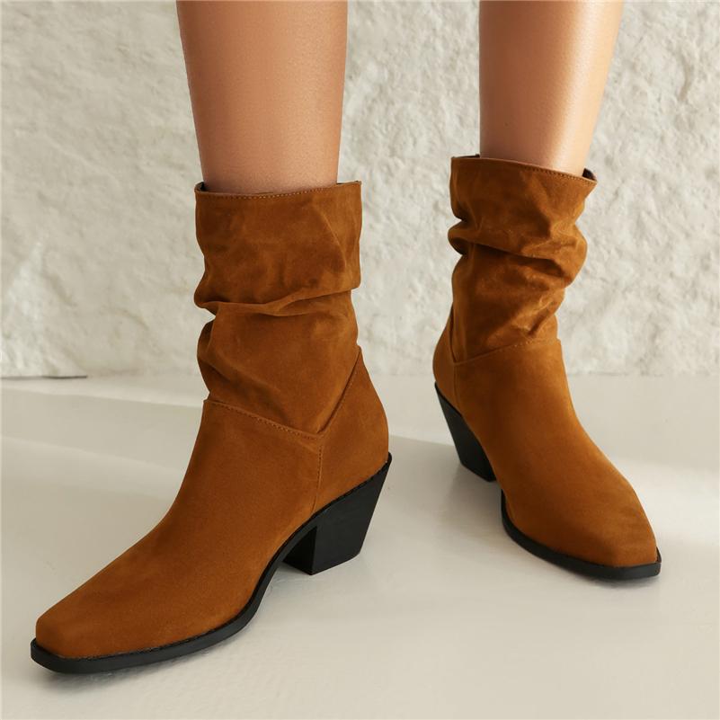 Dámské kotníkové boty hranatá špička silný vysoký podpatek plisované krátké boty stručné dámské módní boty zimní černé khaki hnědé 43