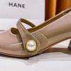 Mary Jane women's shoes thick heel one-word strap high heels new red wedding shoes medium heel pearl square head single shoes
