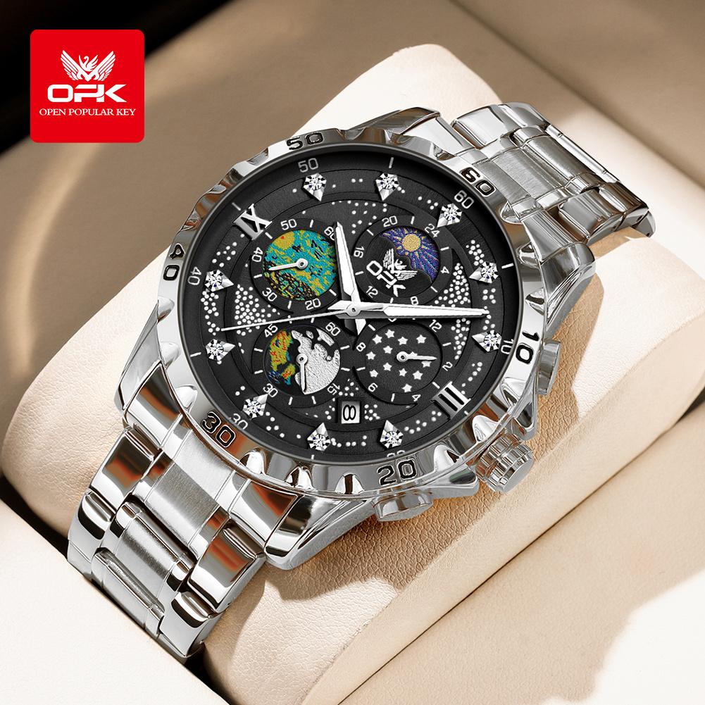 OPK 8175 multifunctional timing steel strip men's quartz watch