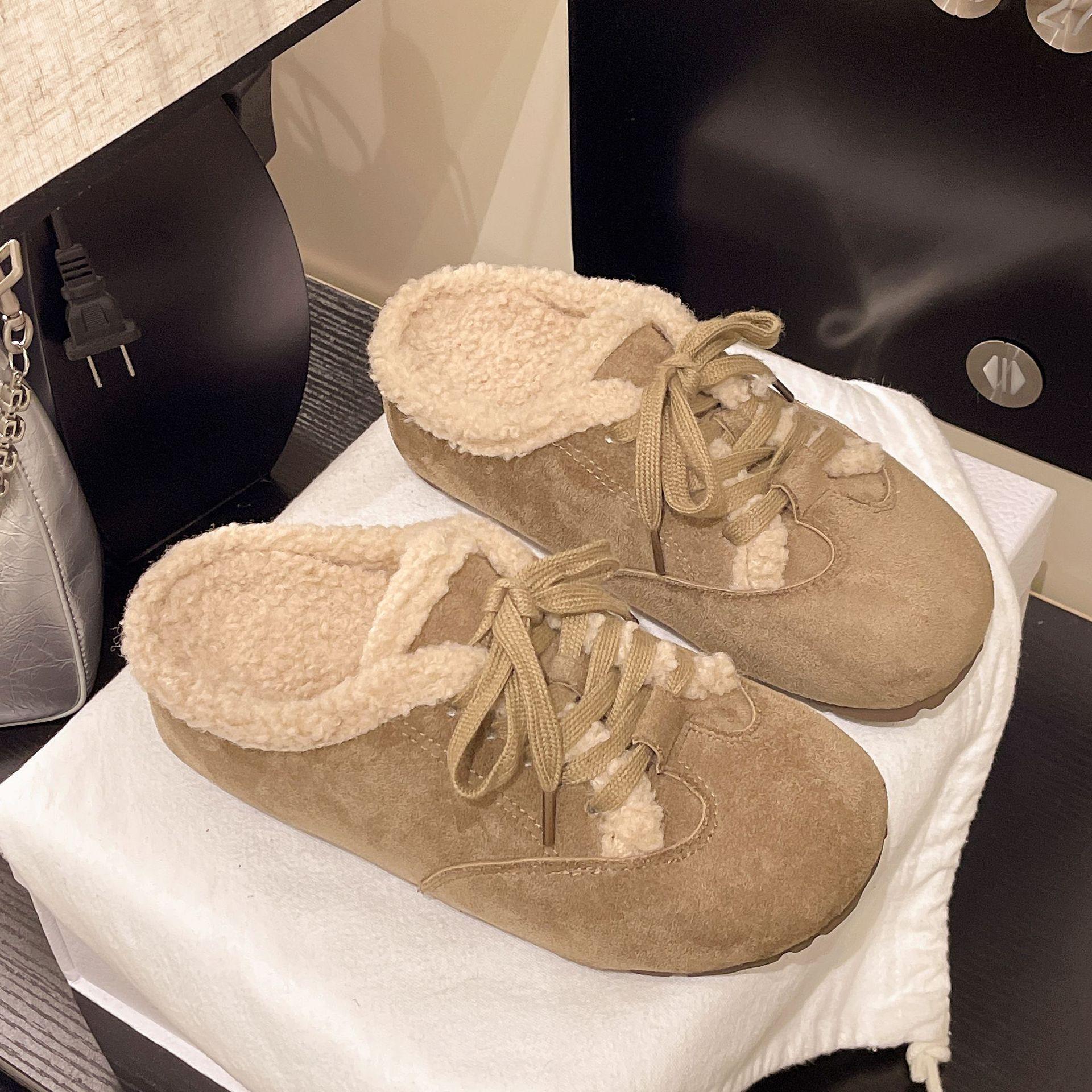 

Korean version of casual fluffy slippers women s 2025 new winter wear flat-bottomed lazy Muller shoes with fleece bag head and half drag 35