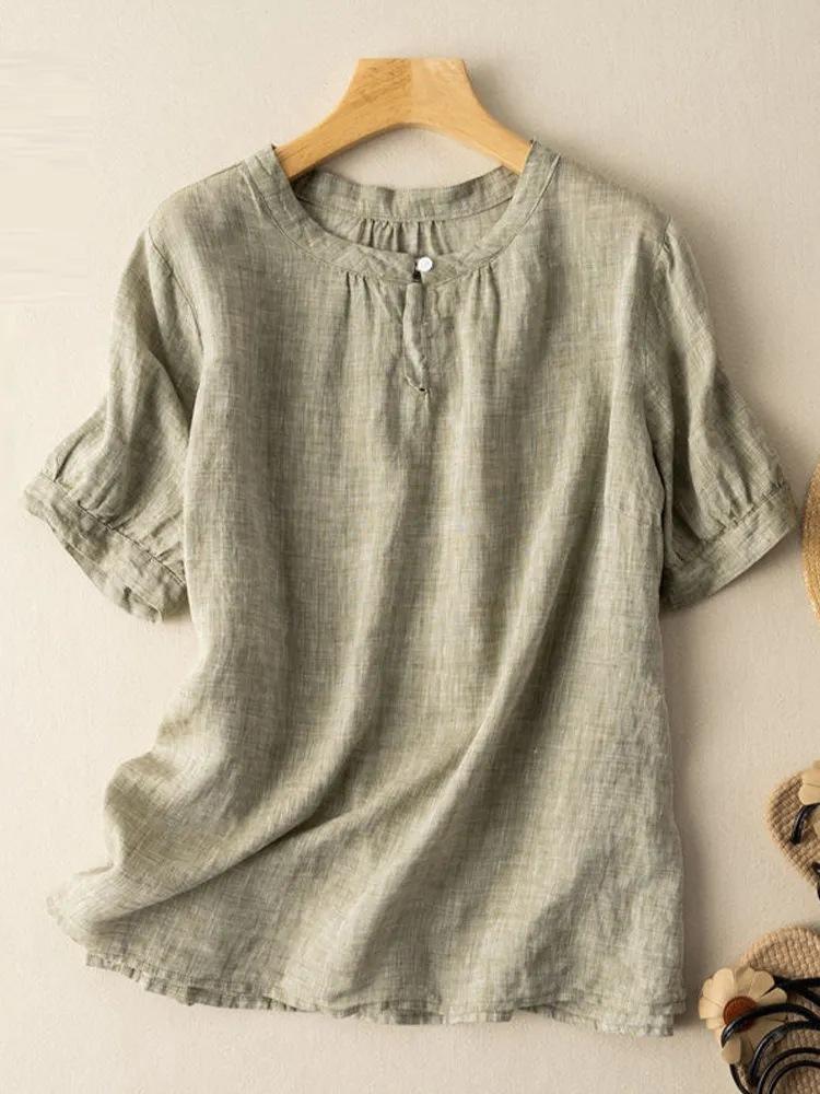 

Литературная повседневная футболка большого размера с коротким рукавом из хлопка и льна, женская летняя однотонная универсальная, свободного и тонкого дизайна, топ с круглым вырезом 3XL армия зеленый