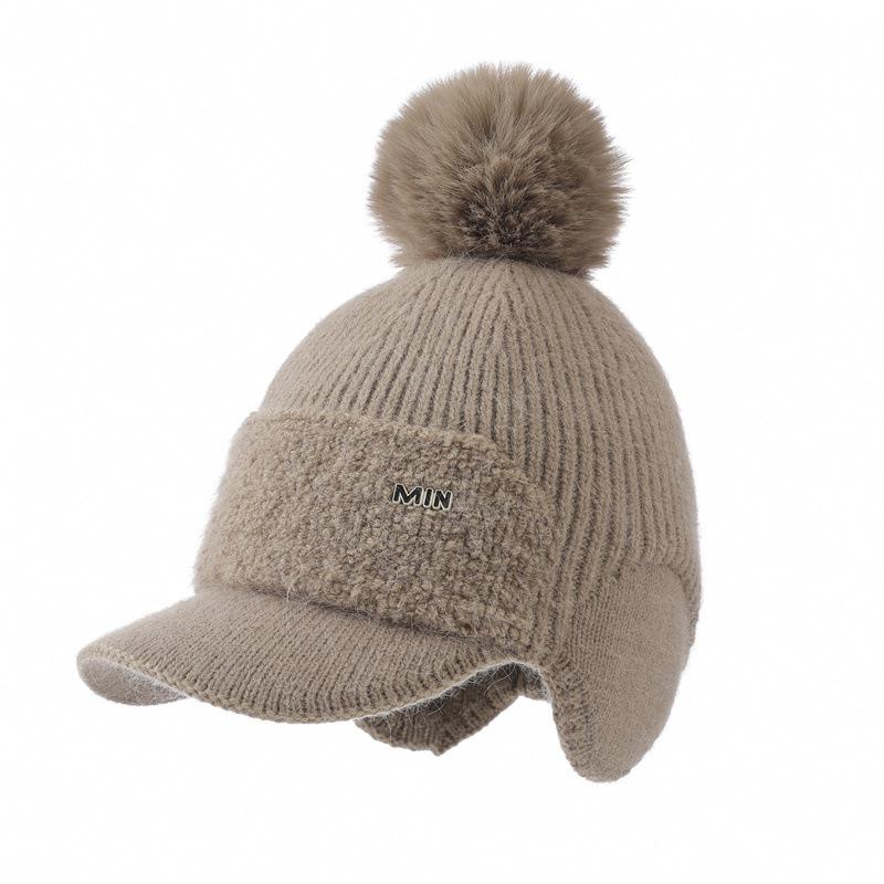 Saco de Orelha Tricotado em Lã, Chapéu Quente com Aba de Pato, Boné de Beisebol Feminino Plush Forrado à Prova de Vento para Outono e Inverno