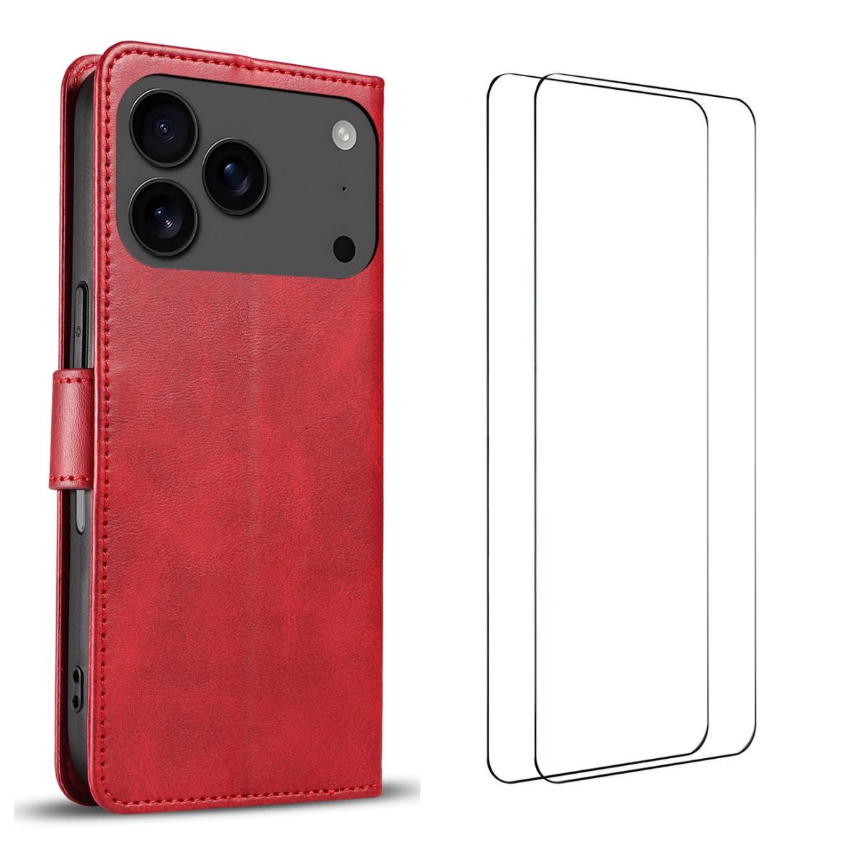 

For iPhone 17 Pro Case with 2Pcs Tempered Glass WANLONFENG WN Series Calf Texture Leather Phone Cover Big Cutouts Red