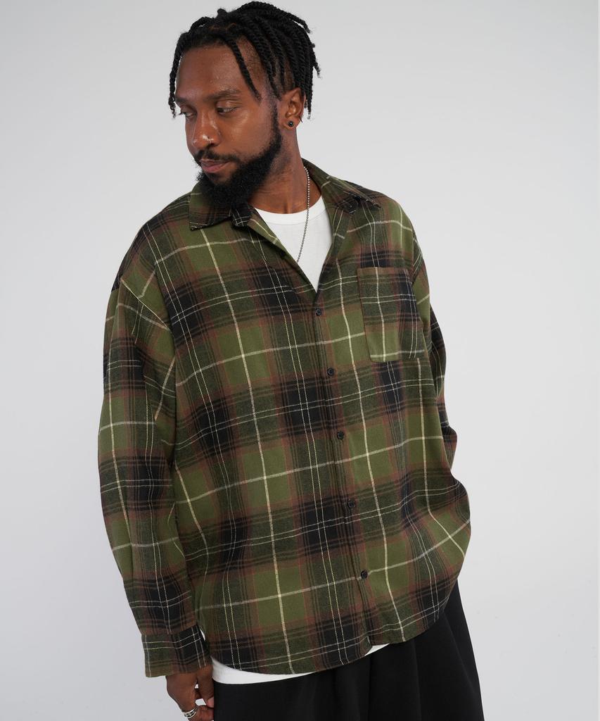 TENER Retro Oversized Fit Checkered Shirt_Khaki