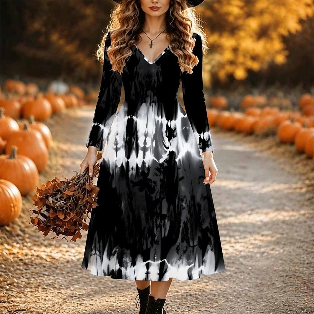 Halloween Women's Tie Dye Print Midi Dress A Line Dress Vacation Casual Daily Regular Fit  Long Sleeve V Neck Black  Spring Fall