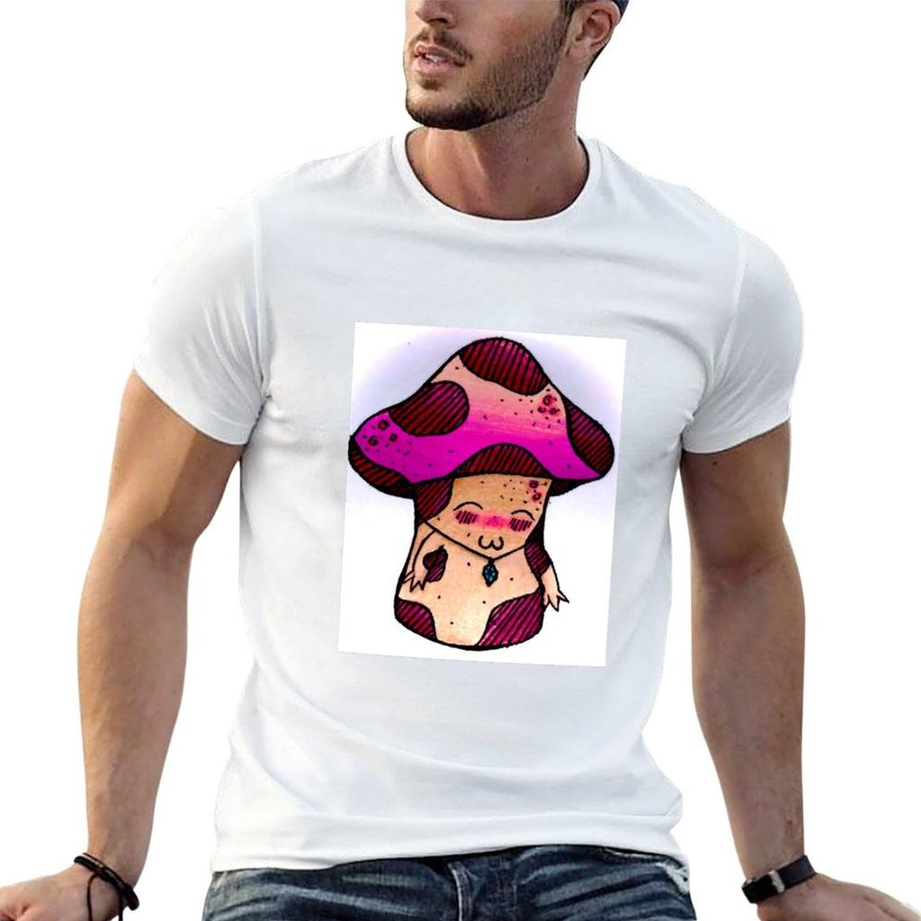 Unisexs Slim Fit Designer Soft Color Cotton Tee Mushroom Crystal Necklace Graphic
