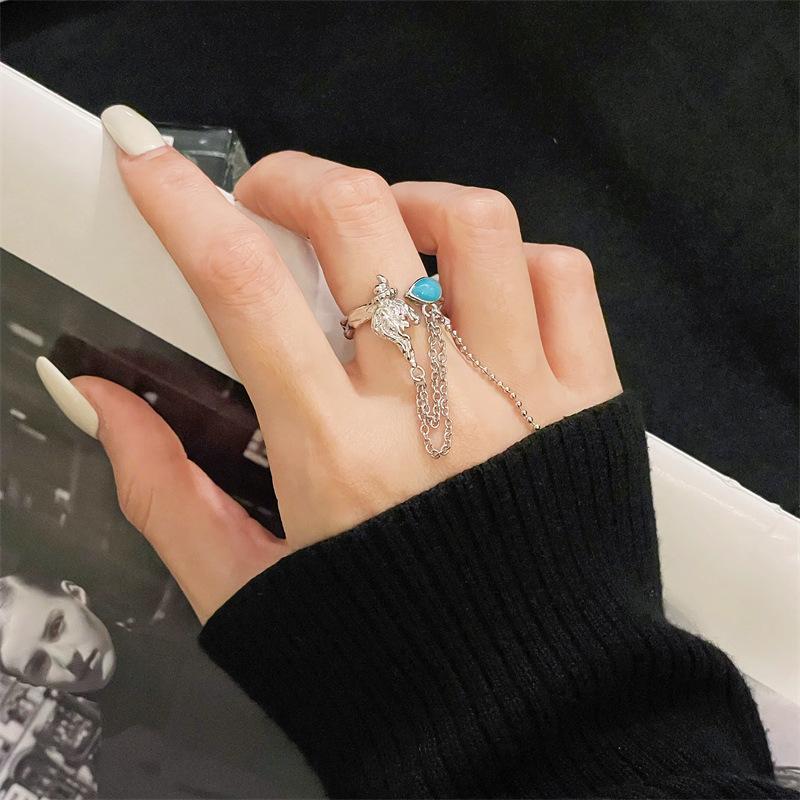 Blue Ocean Drip Glaze Open Ring Star Chain Niche Design Sense Personality Advanced Sense Index Finger Ring Female
