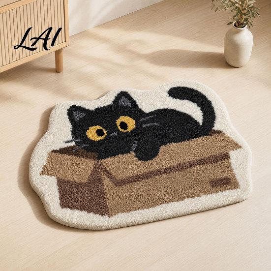 Durable Floor Mat Plush Bathroom Rug Non-Slip Absorbent Fluffy Mat Cute Easy Care Black Cat Door for Entrance Bedroom Living Room Washable