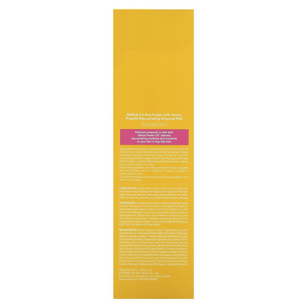 BANILA CO Miss Flower & Mr. Honey Propolis Rejuvenating Ampoule Mist, 99ml (3.34fl Oz)