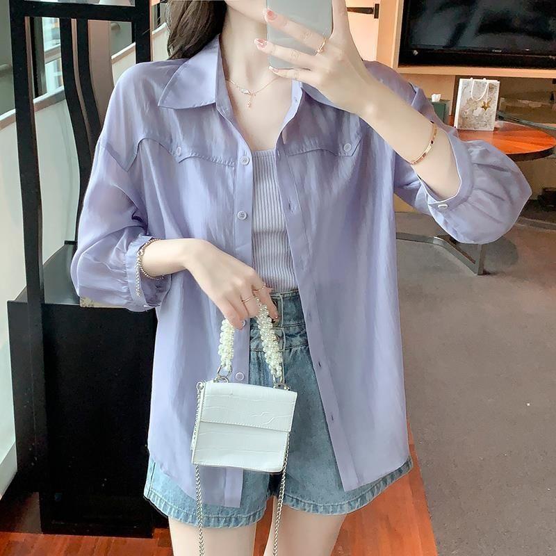 Women s Sheer White Sun Protection Shirt Lightweight Button-Down Chiffon Blouse Loose 3/4 Sleeve Casual Kimono Cardigan for Summer M фиолетовый