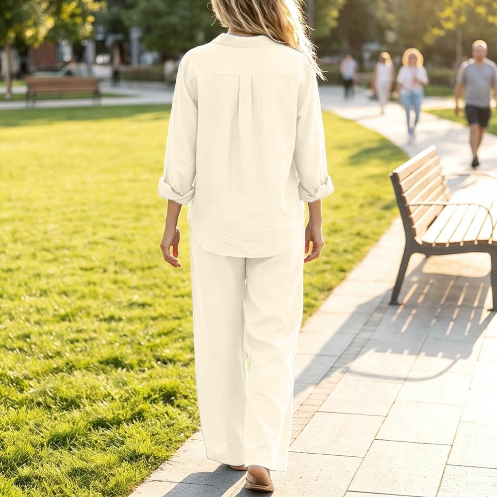Women's Casual Slimming 2 Piece Outfit Set V-Neck Cardigan Top with Wide Leg Pants Loose Fit Color