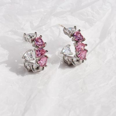 Koreanische Reiner Wunsch Rosa Zirkon Liebesreihe Diamant-Steckohrringe Frisches und Süßes Temperament Pfirsichherz-Ohrringe Süße und Coole Wind-Ohrringe 294