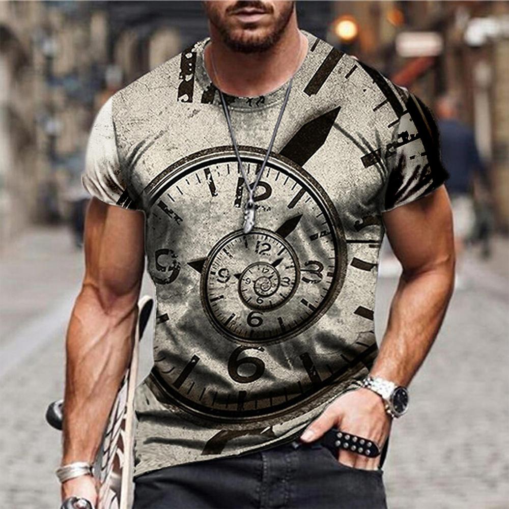 2024 Men s Vintage Clock Print T-Shirt Men s Street Casual Wear Men s Summer Fashion Top Men s Sports Sweat Wicks Short Sleeve S
