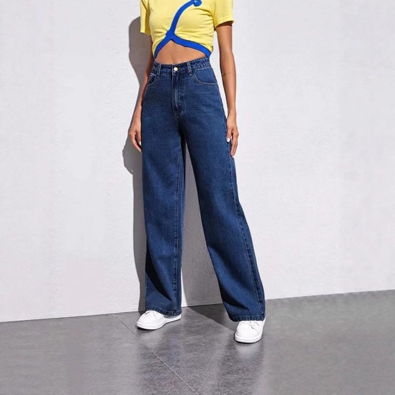 Womens High-Waisted Wide Leg Straight Cut Denim Pants Casual Loose Fit Jeans 2026