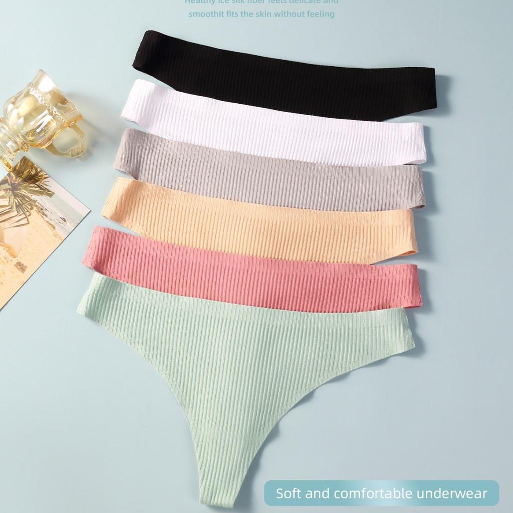 Pure Cotton Sexy Women's Thongs - Solid Color Ribbed T-Pants for Girls