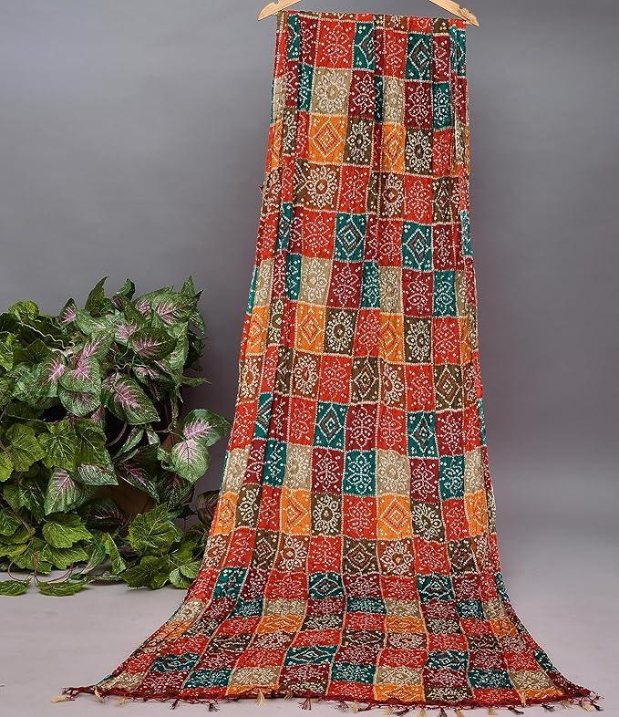 TreegoArt Fashion Women's Rajasthani Printed Traditional Silk Bandhej Dupatta Chunni Scarf
