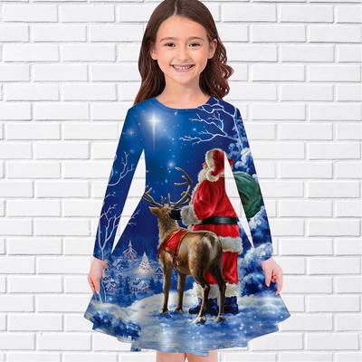 Robe Décontractée Fille Cadeau de Noël Imprimé Élan Col Rond Manches Longues Robe Enfant Princesse