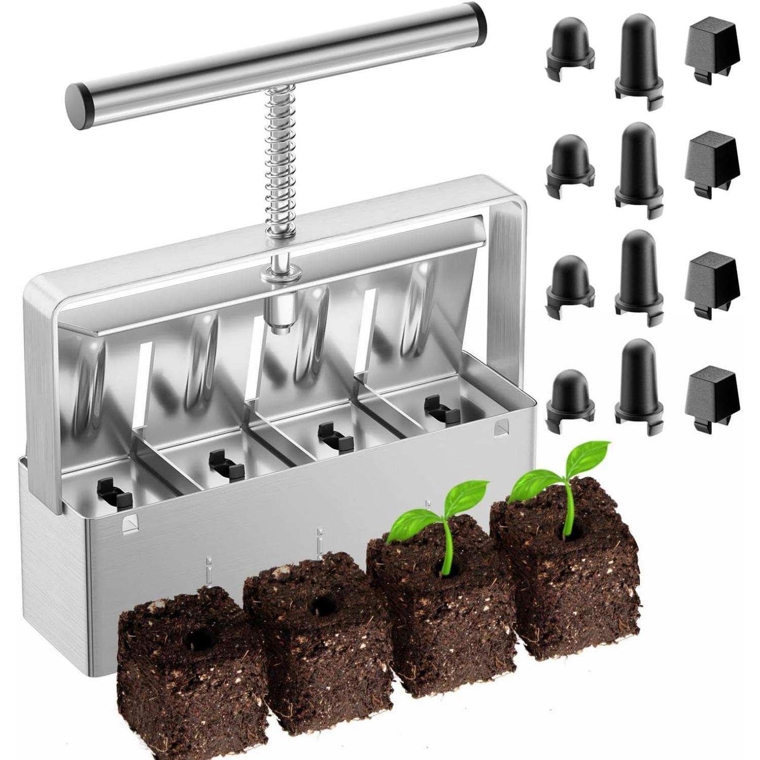 Soil Blocker, 2 Inch Soil Block Maker with 3 Sizes Seed Pins & Comfortable Handle 4 Cell Handlheld Soil Blocking Tool for Seed Starting, Grow Seedling 4 slots