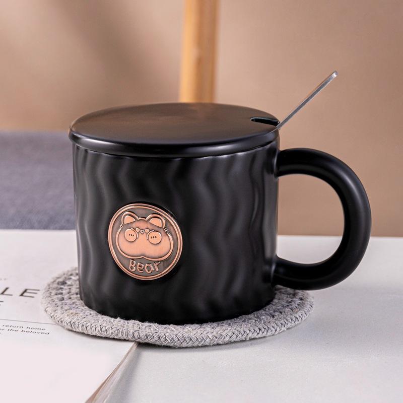 Nordic style ins creative relief wavy ceramic cup with lid household personalized simple coffee cup