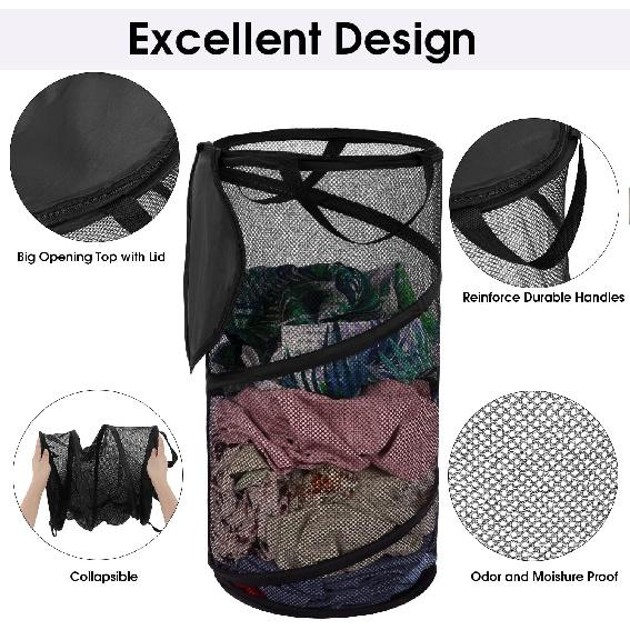 BATTOO Large Collapsible Laundry Basket with Lid Foldable Mesh Pop Up Hamper with Handles for Laundry Room, Bathroom, Kids Room, College Dorm,