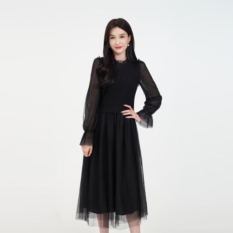 GOELIA French Style Slimming Mesh A-Line Black Dress