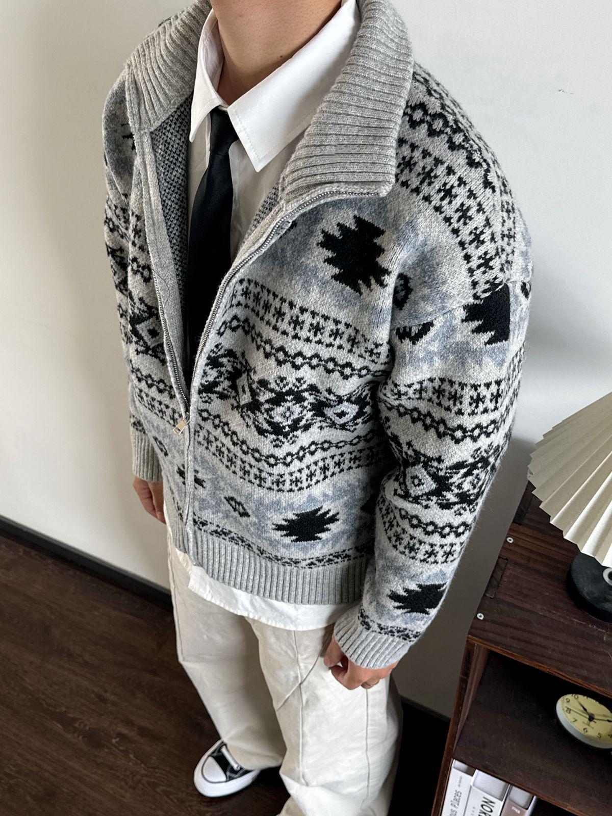 

Fair Isle Stand Collar Knit Cardigan - Cozy Autumn/Winter Sweater for Couples Medium сірий колір