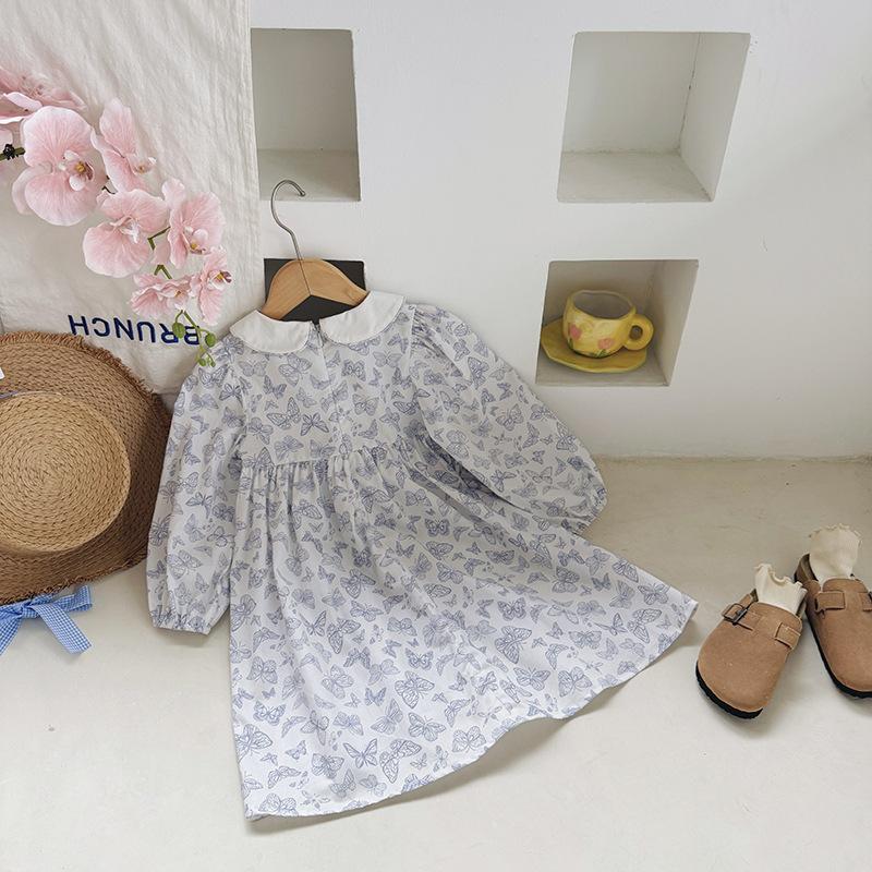 Spring Girls Butterfly Print Long Sleeve Dress Peter Pan Collar Shirred Elegant Kids Clothing
