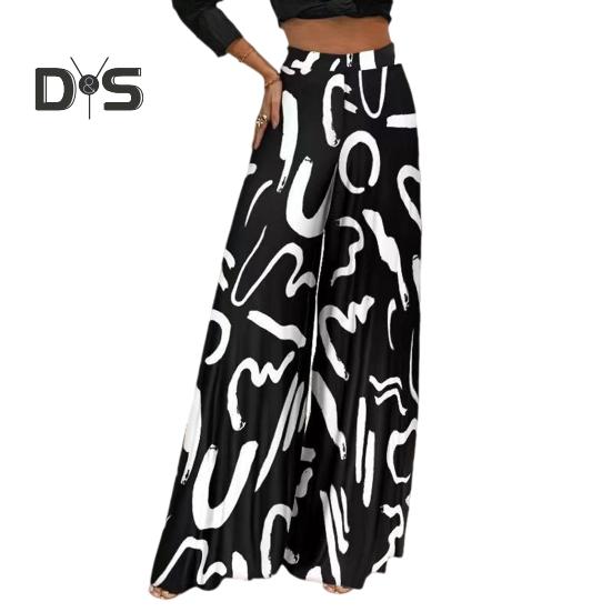 

Женские брюки большого размера, широкие эластичные повседневные брюки с высокой талией, свободные длинные брюки с ретро-принтом, уличная одежда L чёрный