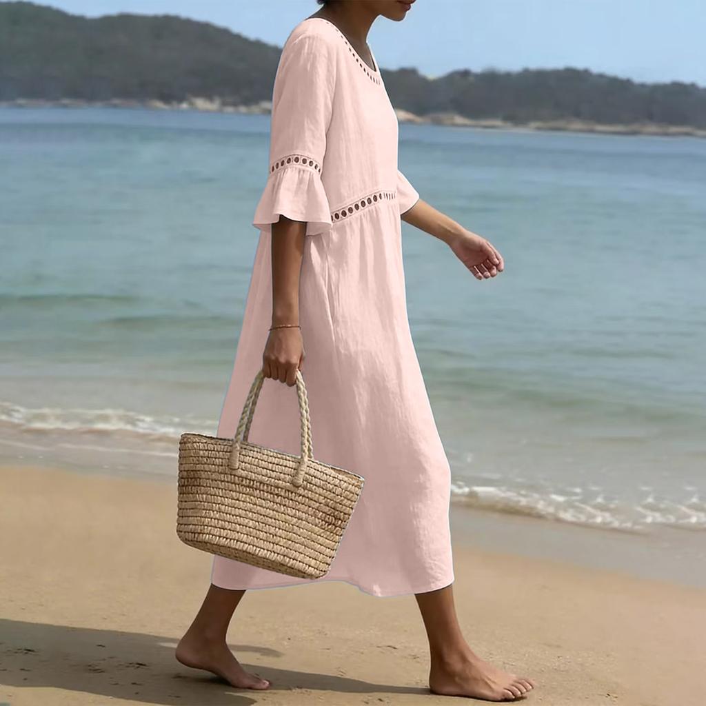 Vintage Hollow Out Lace Round Neck Midi Dress Women Cotton Linen Casual Loose Fit Half Sleeve Summer Dress