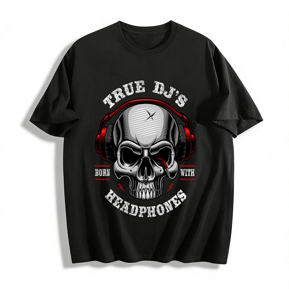 Cool DJ Skull Headphone Print Casual Short Sleeve T-Shirt Pure cotton T-shirt XXS