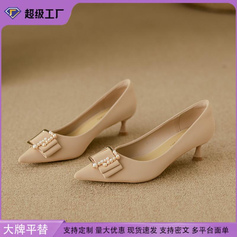 Leather women's shoes summer women's pointed single shoes 2025 spring women's French high heels women's thin heel pearl buckle shoes