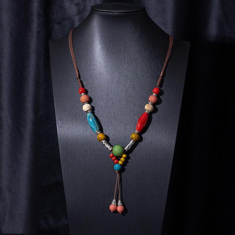 Jingdezhen Ceramic Non-Fading Necklace Ethnic Style Sweater Chain Antique Woven Rope Long Neck Chain