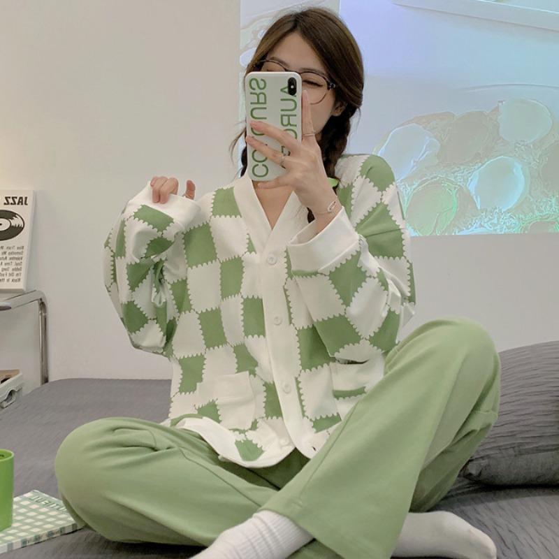 Women's Cardigan Plaid Top and Trousers, Pajamas, Loungewear, Casual, Cute, Cartoon Pajamas, Loungewear, Autumn and Winter