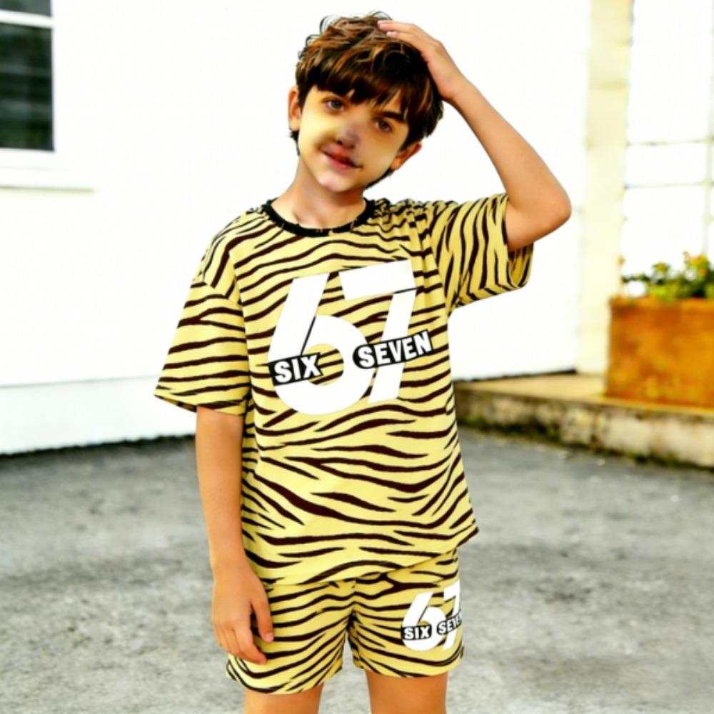 Fashion 67 Zebra Stripes Colored Printed Men's T-shirt and Shorts 2 Piece Set Summer Casual Outfit for Men's and Women's Clothing Top